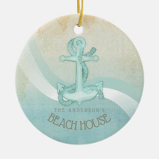 Beach House Nautical Anchor and Rope Aqua ID623 Keramisch Ornament (Voorkant)