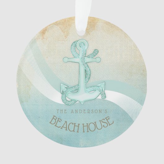 Beach House Nautical Anchor and Rope Aqua ID623 Ornament (voorkant)