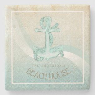 Beach House Nautical Anchor and Rope Aqua ID623 Stenen Onderzetter