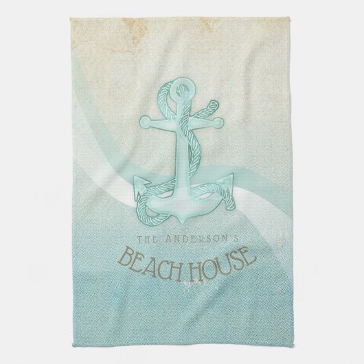 Beach House Nautical Anchor and Rope Aqua ID623 Theedoek (Verticaal)