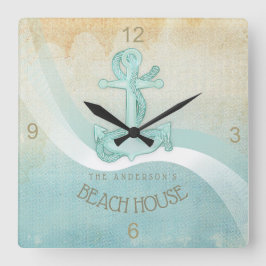 Beach House Nautical Anchor and Rope Aqua ID623 Vierkante Klok