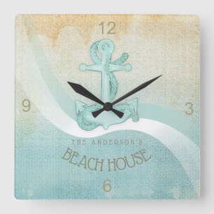 Beach House Nautical Anchor and Rope Aqua ID623 Vierkante Klok