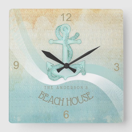 Beach House Nautical Anchor and Rope Aqua ID623 Vierkante Klok (Voorkant)