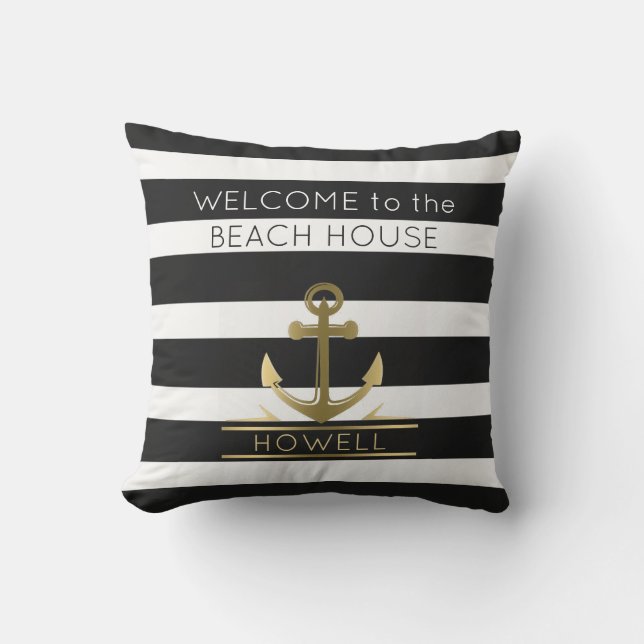 Beach House Nautical Anchor Familienaam B&W Stripe Buitenkussen (Voorkant)