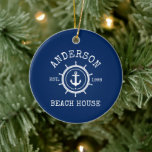 Beach House Nautical Anchor Rope Helm Blue Keramisch Ornament<br><div class="desc">Nautical Anchor Rope Star Helm Familienaam Beach House Navy Blue Ornament</div>