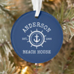 Beach House Nautical Anchor Rope Helm Blue Ornament<br><div class="desc">Nautical Anchor Rope Star Helm Familienaam Beach House Navy Blue Ornament</div>
