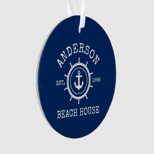 Beach House Nautical Anchor Rope Helm Blue Ornament (voorkant)