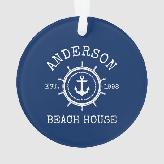 Beach House Nautical Anchor Rope Helm Blue Ornament (achterkant)