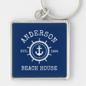 Beach House Nautical Anchor Rope Helm Navy Blue Sleutelhanger (Voorkant)