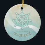 Beach House Nautical Boat Helm Aqua Blue ID623 Keramisch Ornament<br><div class="desc">Dit product in de zachte kleuren van zee en zand staat u toe om uw eigen naam en tekst gemakkelijk toe te voegen gebruikend de verstrekte sjabloon. Het simpele afbeelding van de boothelm op een noodlijdende, waterverf achtergrond wordt benadrukt door een golfaccent in water en wit. Als je niet het...</div>