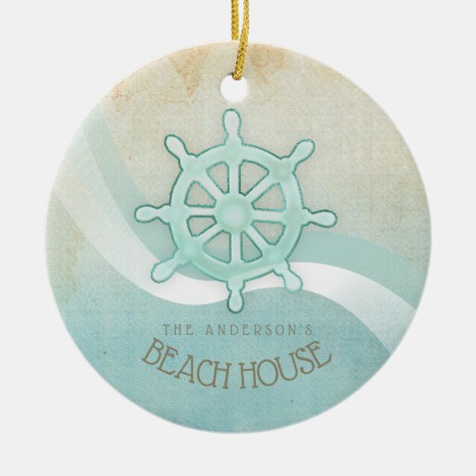 Beach House Nautical Boat Helm Aqua Blue ID623 Keramisch Ornament (Voorkant)