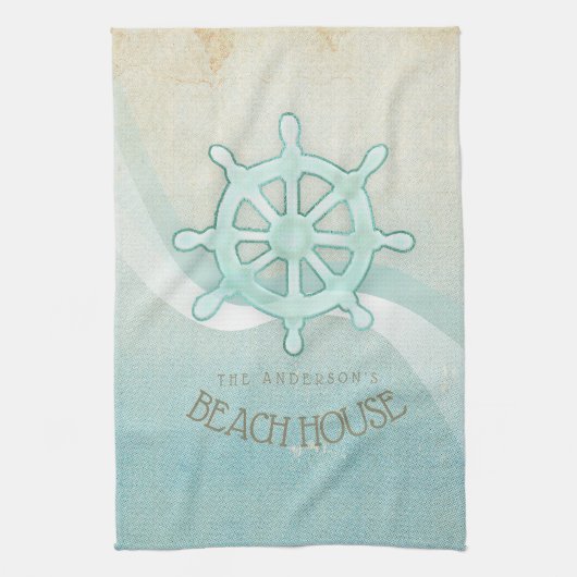 Beach House Nautical Boat Helm Aqua Blue ID623 Theedoek (Verticaal)