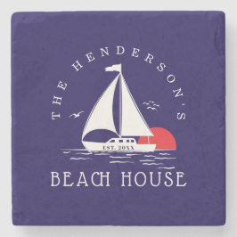 Beach House Nautical boat Sunset navy blue Stenen Onderzetter