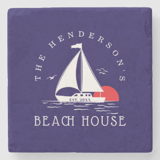Beach House Nautical boat Sunset navy blue Stenen Onderzetter