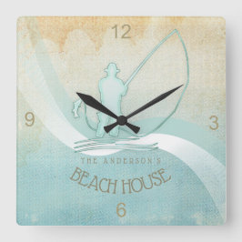 Beach House Nautical Fisherman Aqua Blue ID623 Vierkante Klok