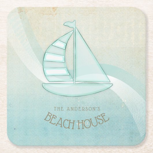 Beach House Nautical Sailboat Aqua Blue ID623 Kartonnen Onderzetters (Voorkant)