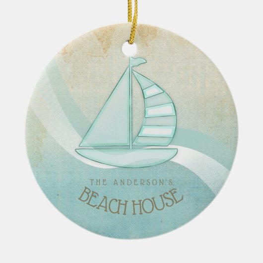 Beach House Nautical Sailboat Aqua Blue ID623 Keramisch Ornament (Voorkant)