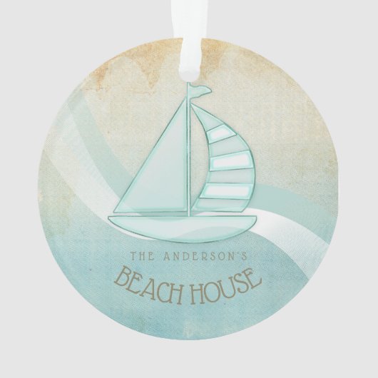 Beach House Nautical Sailboat Aqua Blue ID623 Ornament (achterkant)