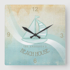 Beach House Nautical Sailboat Aqua Blue ID623 Vierkante Klok