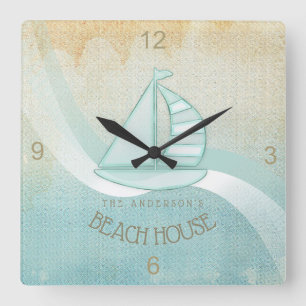Beach House Nautical Sailboat Aqua Blue ID623 Vierkante Klok