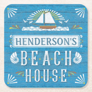 Beach House Nautical Sailboat Seashells Jouw naam Kartonnen Onderzetters
