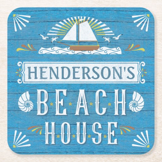 Beach House Nautical Sailboat Seashells Jouw naam Kartonnen Onderzetters (Voorkant)