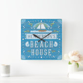 Beach House Nautical Sailboat Shells Custom Name 2 Vierkante Klok (Huis)