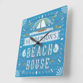 Beach House Nautical Sailboat Shells Custom Name 2 Vierkante Klok (Hoek)