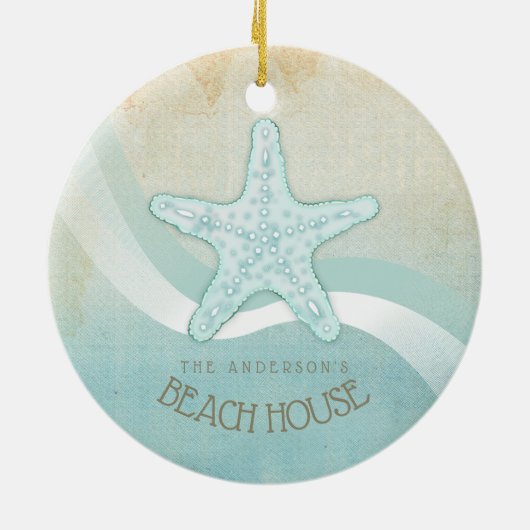 Beach House Nautical Starfish Aqua Blue ID623 Keramisch Ornament (Achterkant)