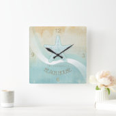 Beach House Nautical Starfish Aqua Blue ID623 Vierkante Klok (Huis)