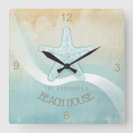 Beach House Nautical Starfish Aqua Blue ID623 Vierkante Klok