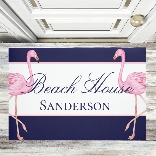 Beach House Navy Blue en Pink Flamingos Deurmat