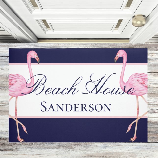 Beach House Navy Blue en Pink Flamingos Deurmat (Creator heeft geüpload)