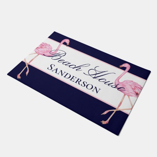 Beach House Navy Blue en Pink Flamingos Deurmat (Schuin)