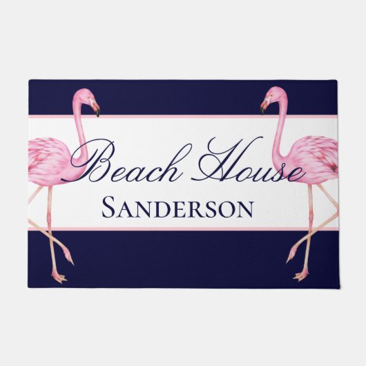 Beach House Navy Blue en Pink Flamingos Deurmat (Voorkant)