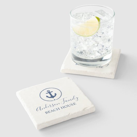 Beach House Navy Blue Nautical Anchor Rope Star Stenen Onderzetter (Zijkant)