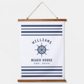 Beach House Navy Blue White Nautical Familienaam Hangend Wandkleed (Voorkant)