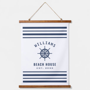 Beach House Navy Blue White Nautical Familienaam Hangend Wandkleed