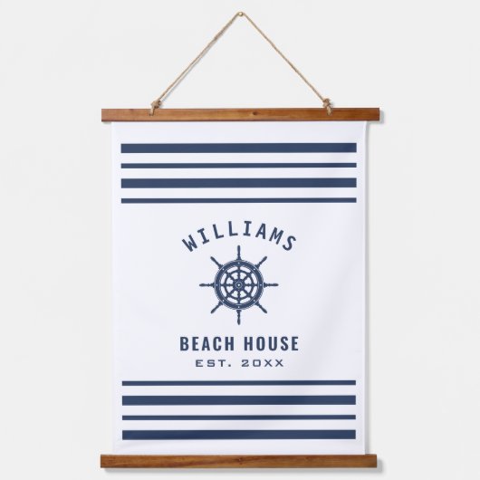 Beach House Navy Blue White Nautical Familienaam Hangend Wandkleed (Voorkant)