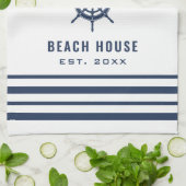 Beach House Navy Blue White Nautical Familienaam Theedoek (Gevouwen)