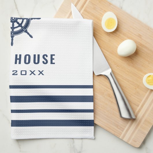 Beach House Navy Blue White Nautical Familienaam Theedoek (Quarter Fold)