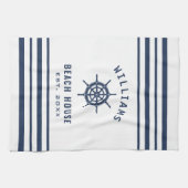 Beach House Navy Blue White Nautical Familienaam Theedoek (Horizontaal)