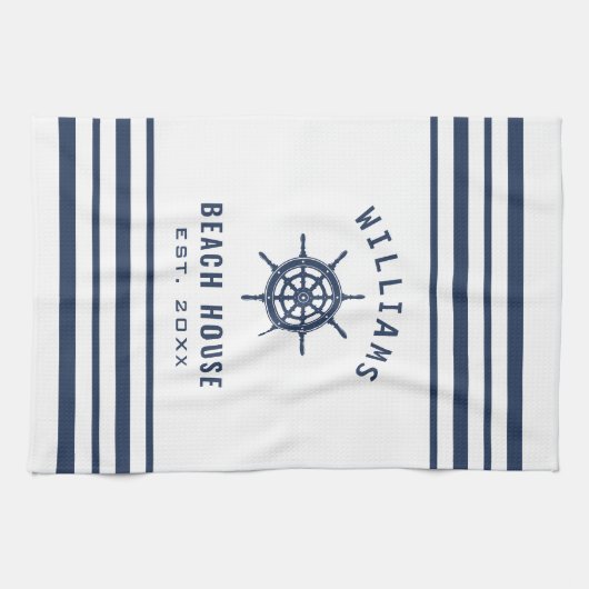 Beach House Navy Blue White Nautical Familienaam Theedoek (Horizontaal)