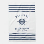 Beach House Navy Blue White Nautical Familienaam Theedoek (Verticaal)