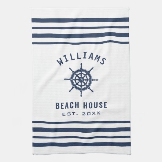 Beach House Navy Blue White Nautical Familienaam Theedoek (Verticaal)