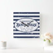Beach House Personalized Navy and White Vierkante Klok (Huis)