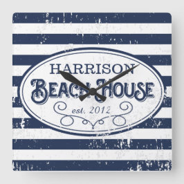  Beach House Personalized Navy and White Vierkante Klok