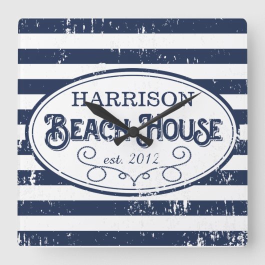 Beach House Personalized Navy and White Vierkante Klok (Voorkant)