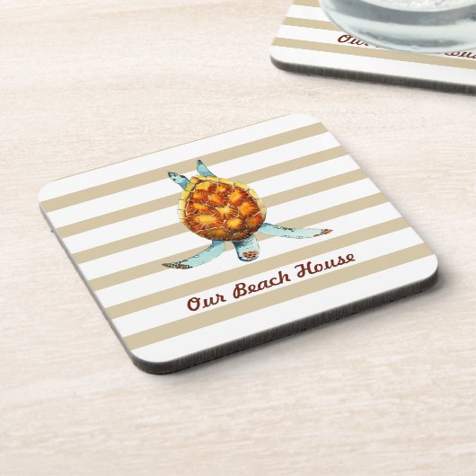 Beach House Pillow met Zee Turtle on Tan Stripes Bier Onderzetter (Linkerzijde)