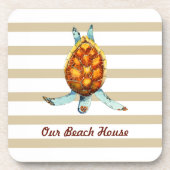 Beach House Pillow met Zee Turtle on Tan Stripes Bier Onderzetter (Voorkant)